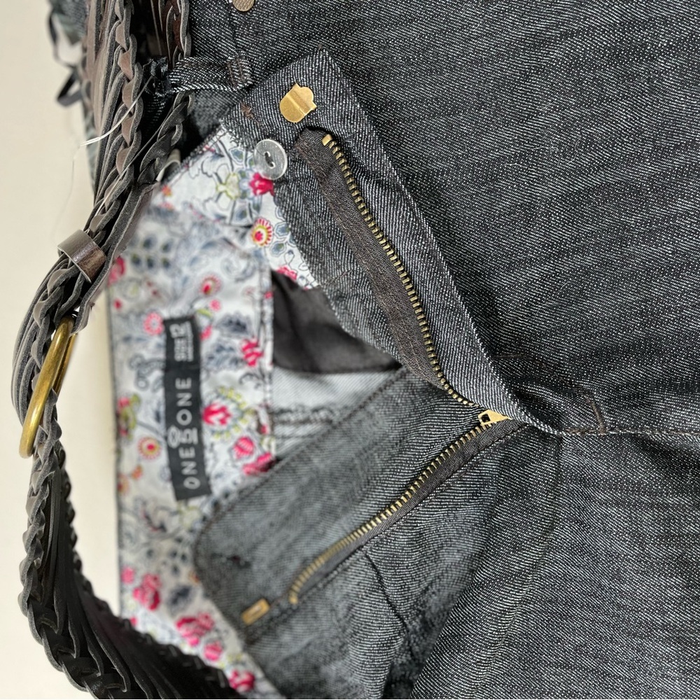 One 5 One Dark Gray Jean Shorts with Brown Belt, NWT - Picture 5 of 5